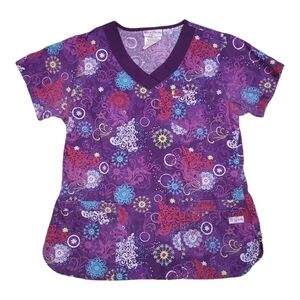 UA Abstract Whimsical V Neck Scrub Top Purple Multi Color Size Medium